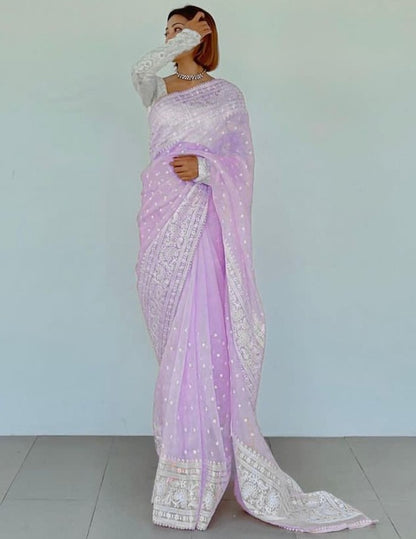 Light purple organza silk heavy thread embroidery work saree for ceremony