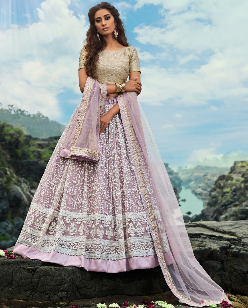 Light purple soft net thread work bridal lehenga choli