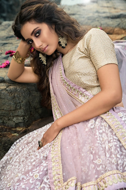 Light purple soft net thread work bridal lehenga choli