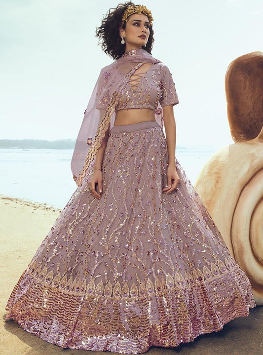 Lilac soft net sequence thread work ceremonial lehenga choli