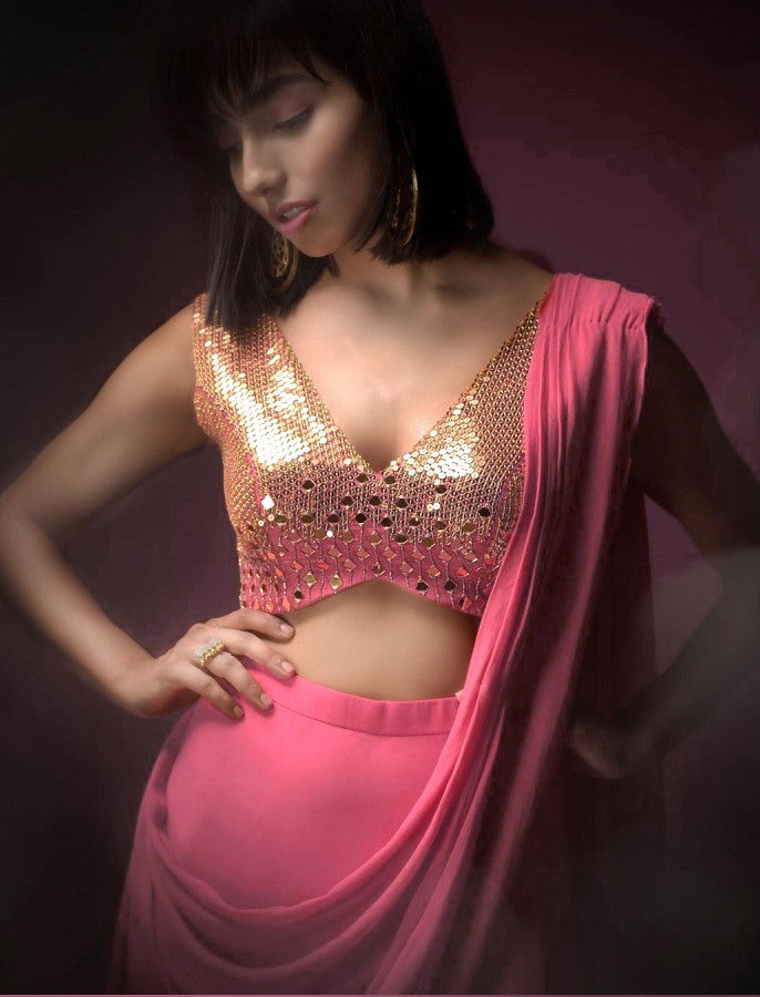 Magento pink georgette lehenga choli with heavy work blouse