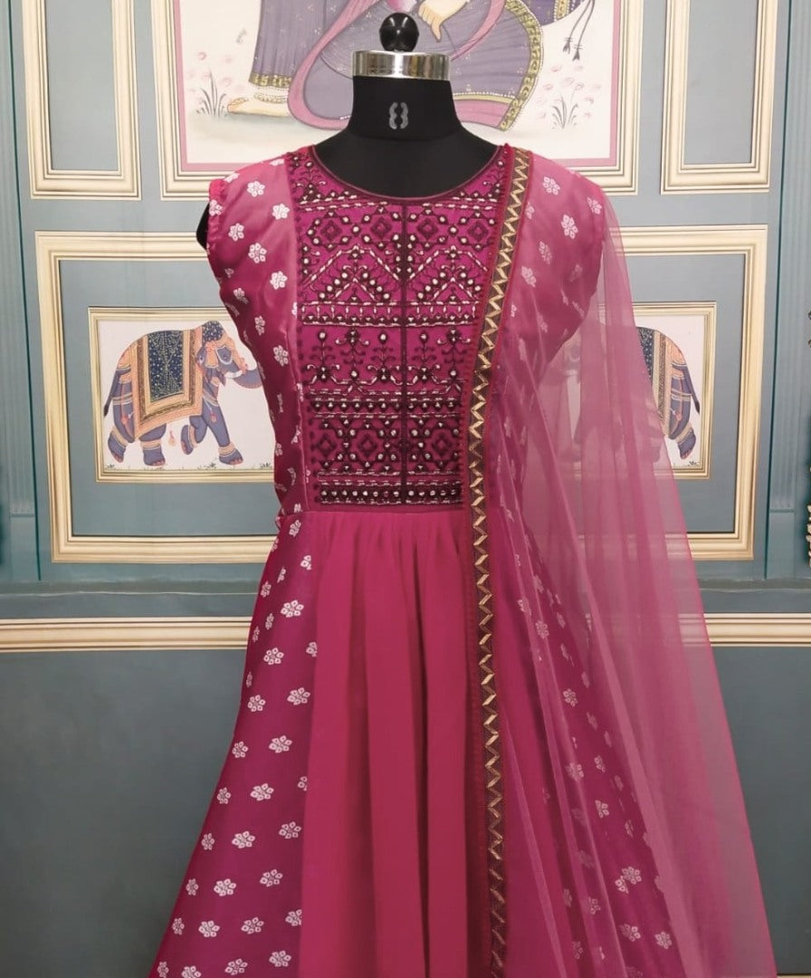 Magento pink italian silk digital print and embroidered gown