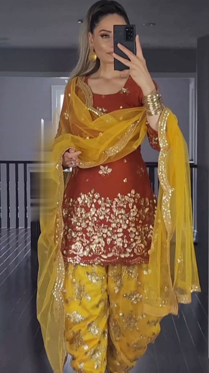 Maroon and yellow georgette embroidered punjabi suit