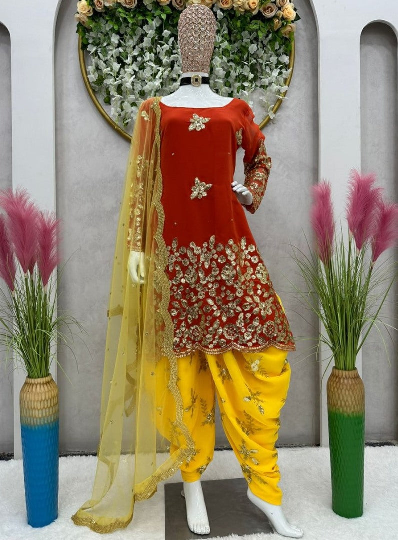 Maroon and yellow georgette embroidered punjabi suit