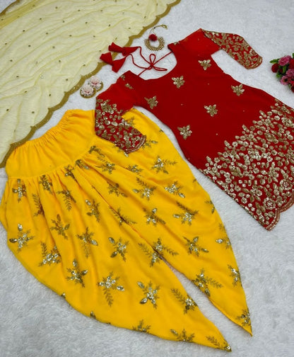 Maroon and yellow georgette embroidered punjabi suit