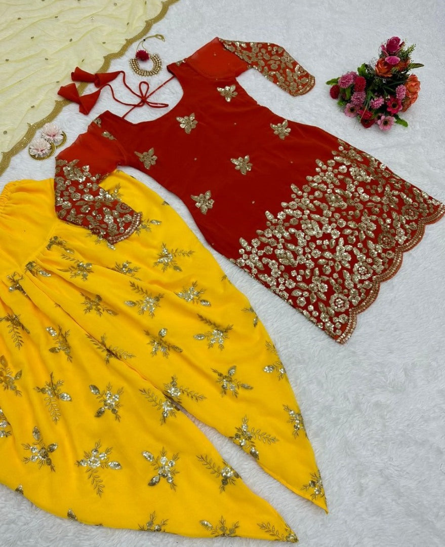 Maroon and yellow georgette embroidered punjabi suit