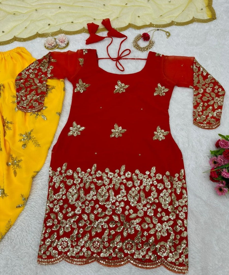 Maroon and yellow georgette embroidered punjabi suit