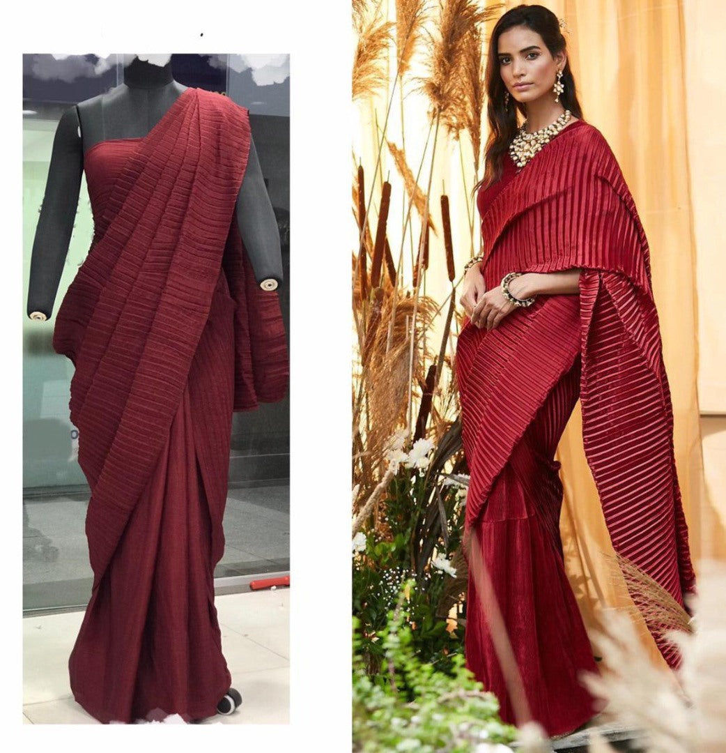 Maroon chinu pleating work party wear saree