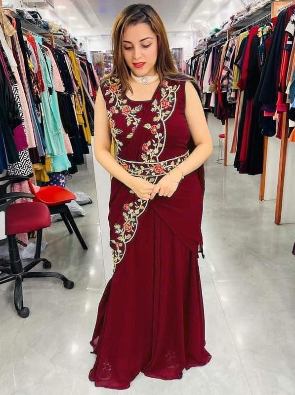 Maroon georgette embroidered indowestern umbrella flair gown