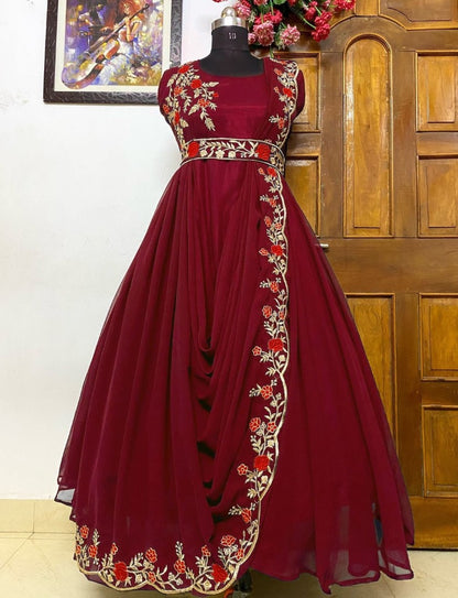 Maroon georgette embroidered indowestern umbrella flair gown