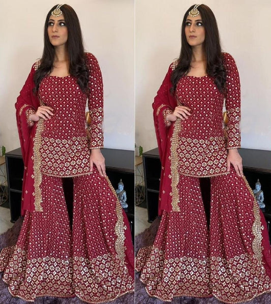 Maroon georgette embroidered sequence work top with plazzo