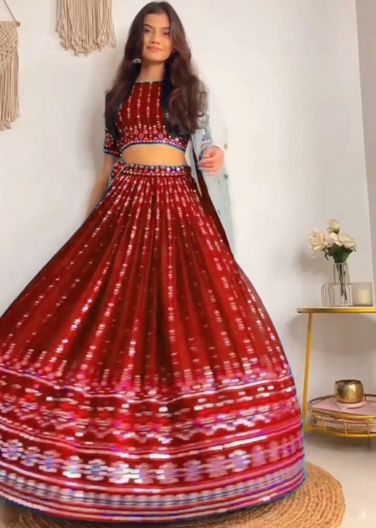 Maroon georgette embroidered wedding lehenga choli