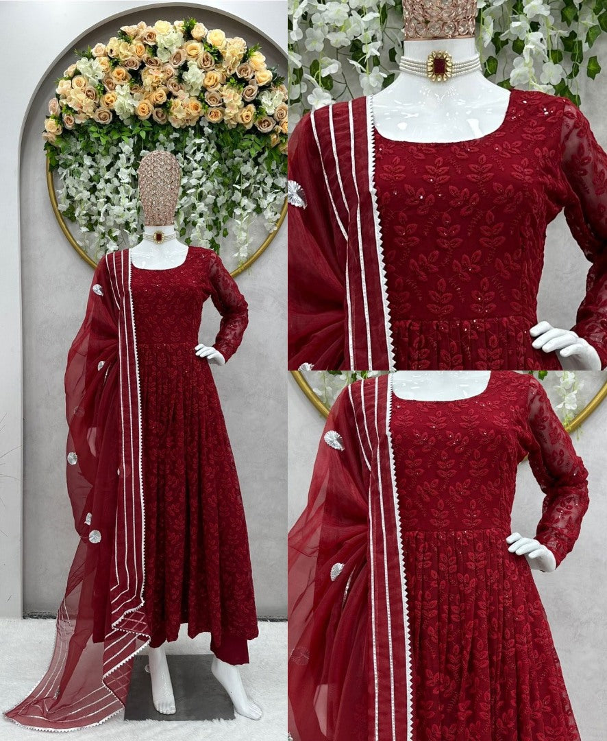 Maroon georgette heavy embroidery work anarkali suit