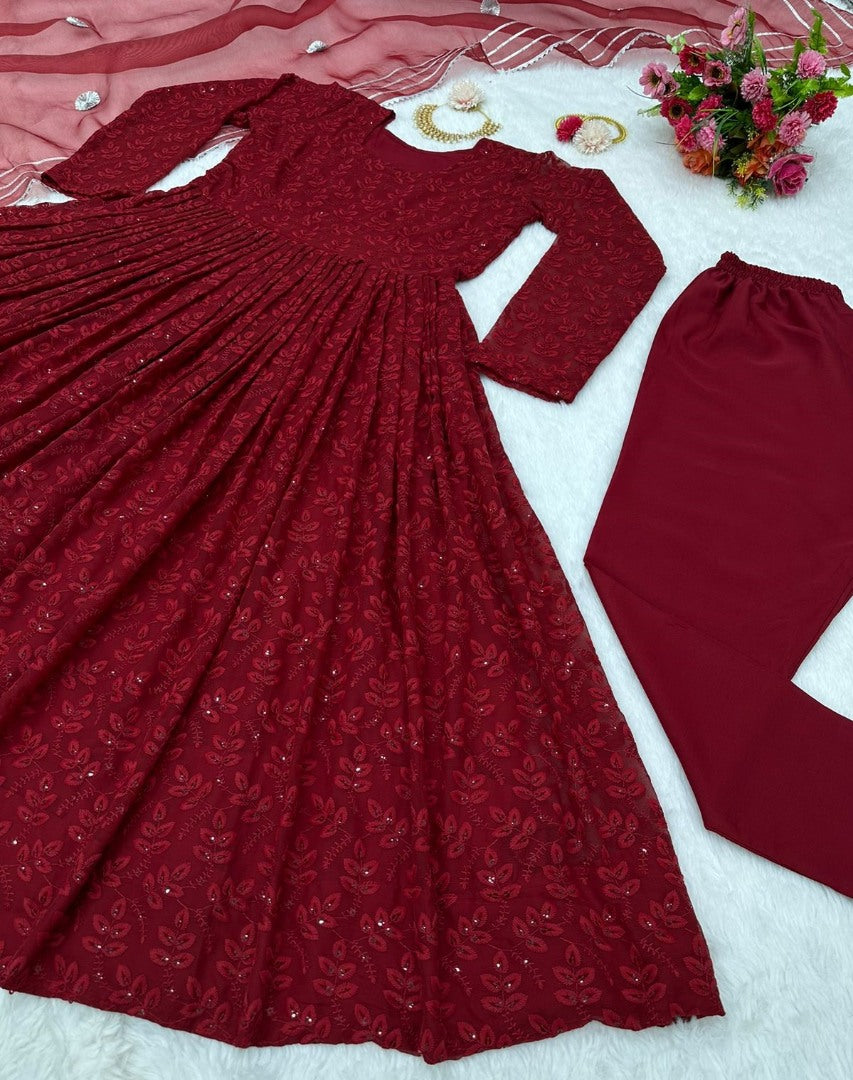 Maroon georgette heavy embroidery work anarkali suit