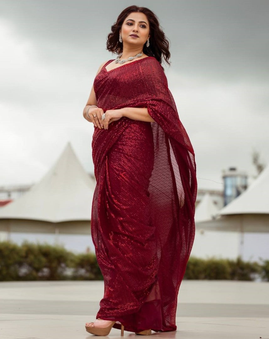 Maroon georgette heavy shiny sequins work party wear saree