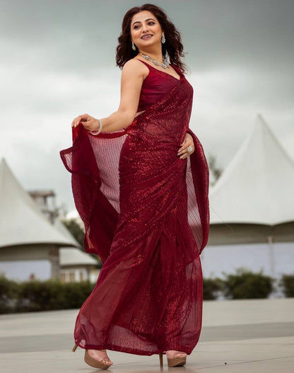 Maroon georgette heavy shiny sequins work party wear saree