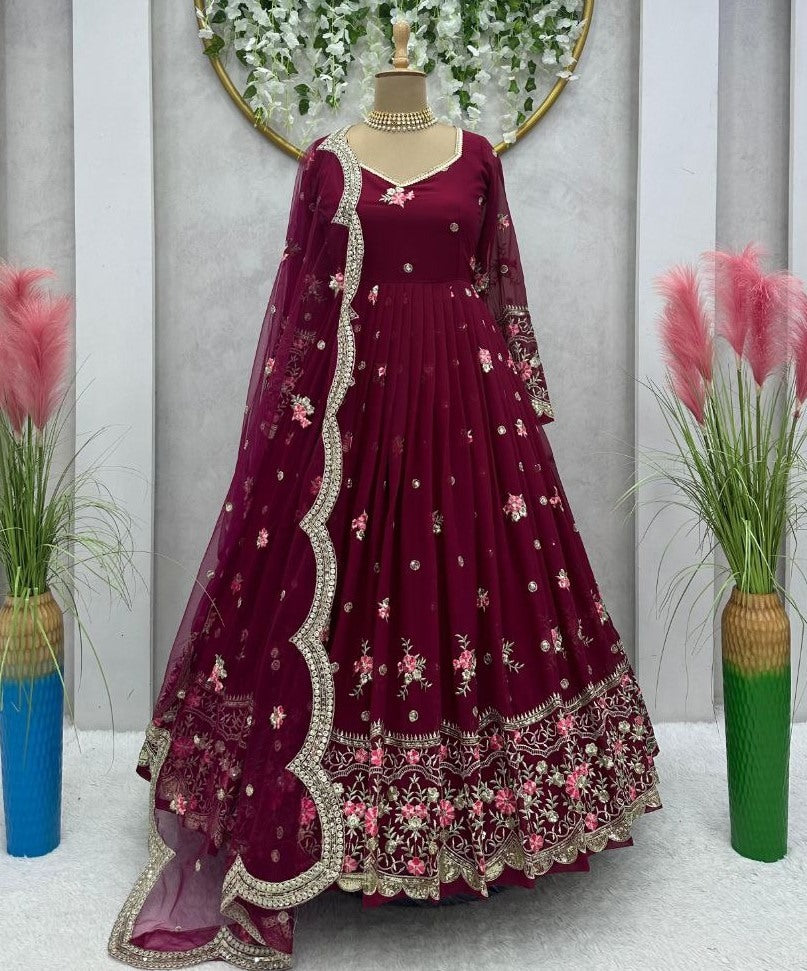 Maroon georgette heavy work wedding gown