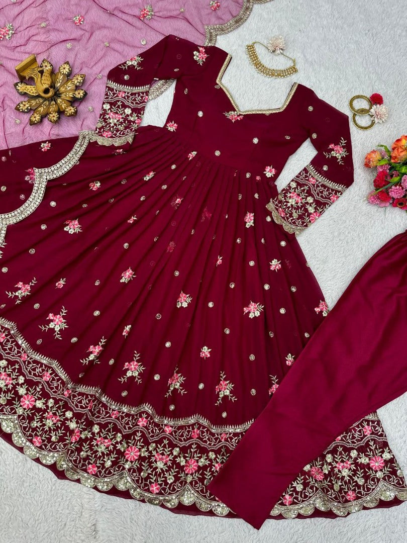 Maroon georgette heavy work wedding gown