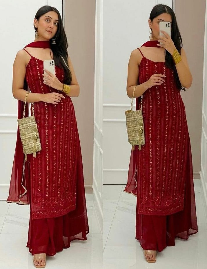 Maroon georgette thread and sequence work party wear plazzo suit