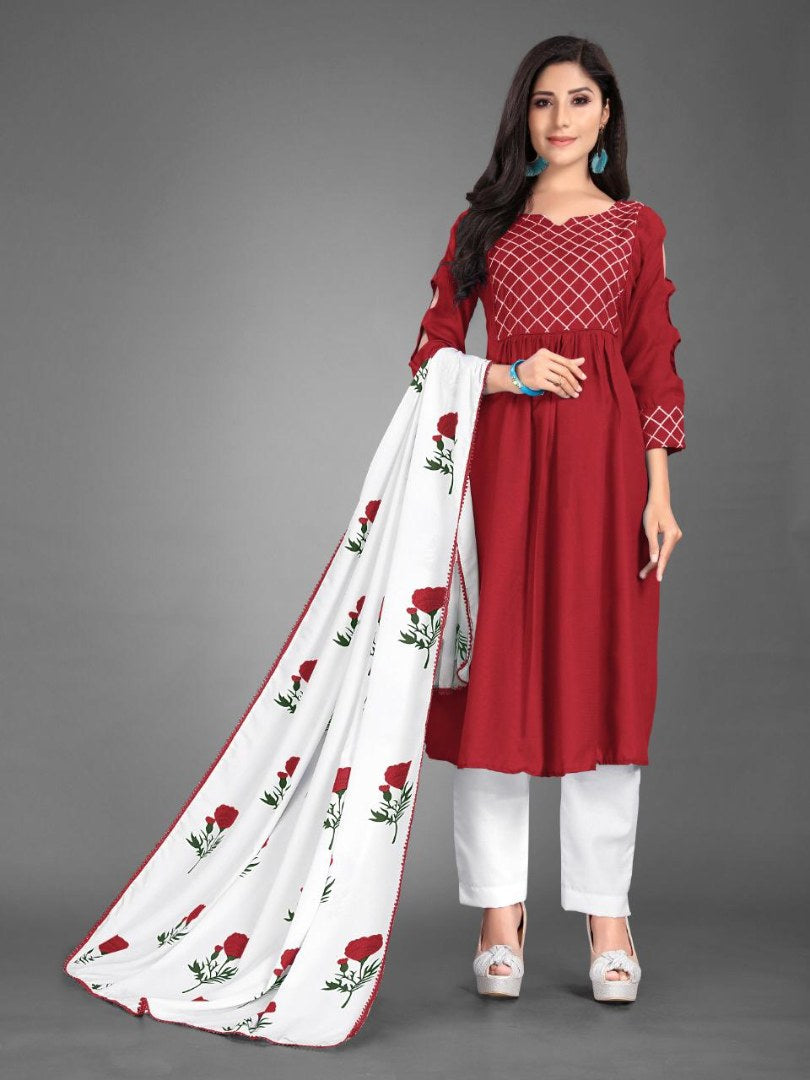 Maroon heavy cotton kurti with printed dupatta