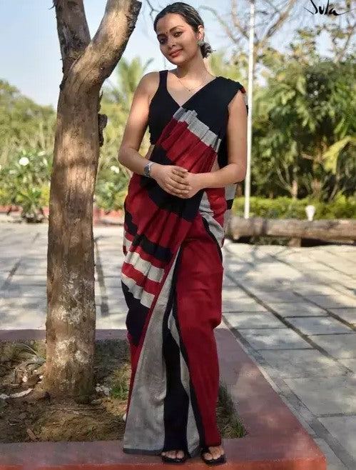 Maroon khadi cotton color block print saree