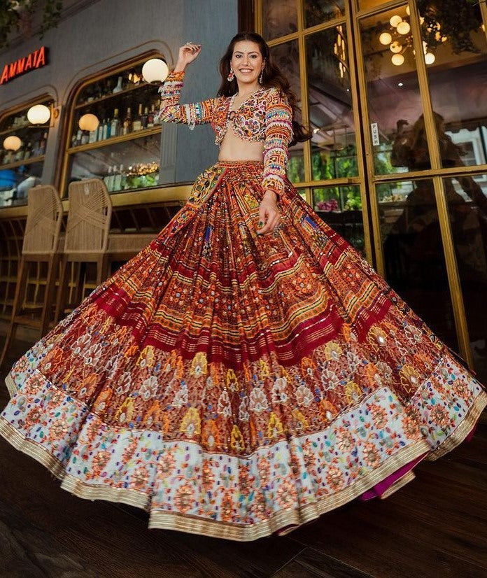 Maroon print mirror work gujarati garba lehenga chaniya choli