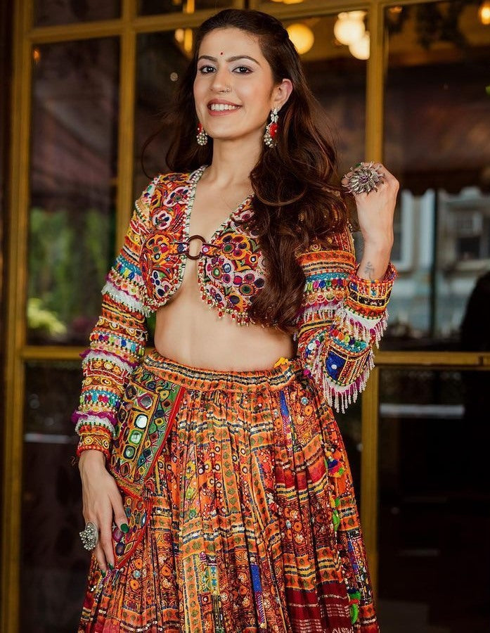 Maroon print mirror work gujarati garba lehenga chaniya choli