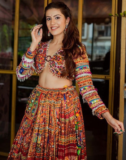 Maroon print mirror work gujarati garba lehenga chaniya choli