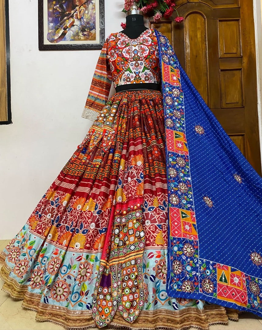 Maroon print mirror work gujarati garba lehenga chaniya choli