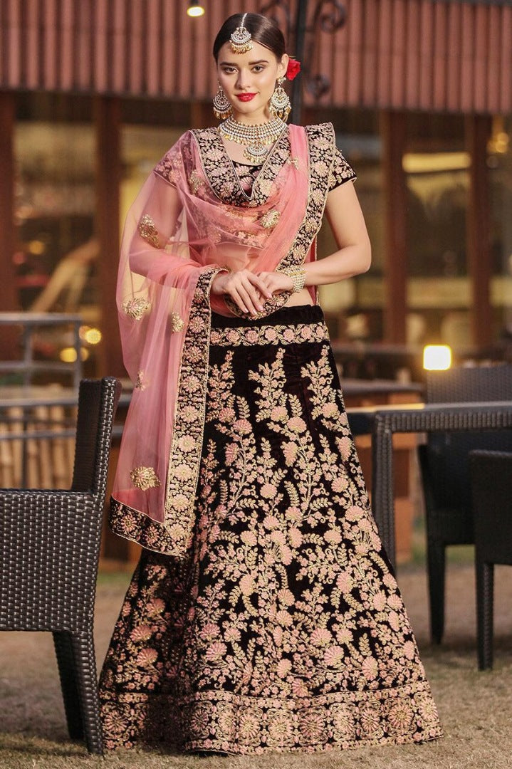 Maroon pure velvet heavy designer embroidered bridal wear lehenga choli