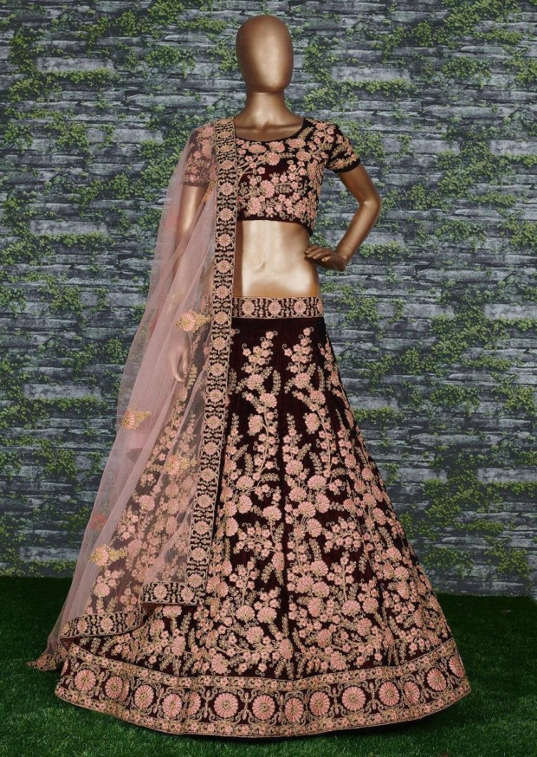 Maroon pure velvet heavy designer embroidered bridal wear lehenga choli