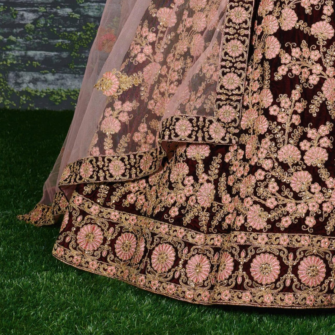 Maroon pure velvet heavy designer embroidered bridal wear lehenga choli