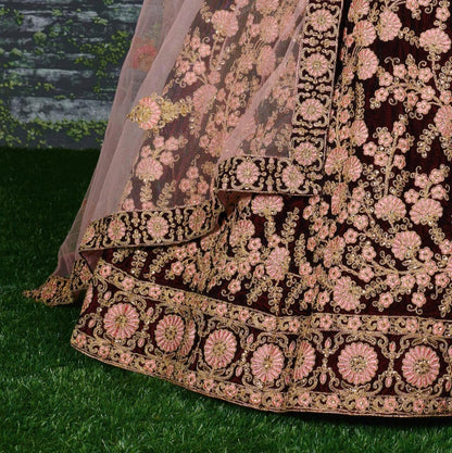 Maroon pure velvet heavy designer embroidered bridal wear lehenga choli