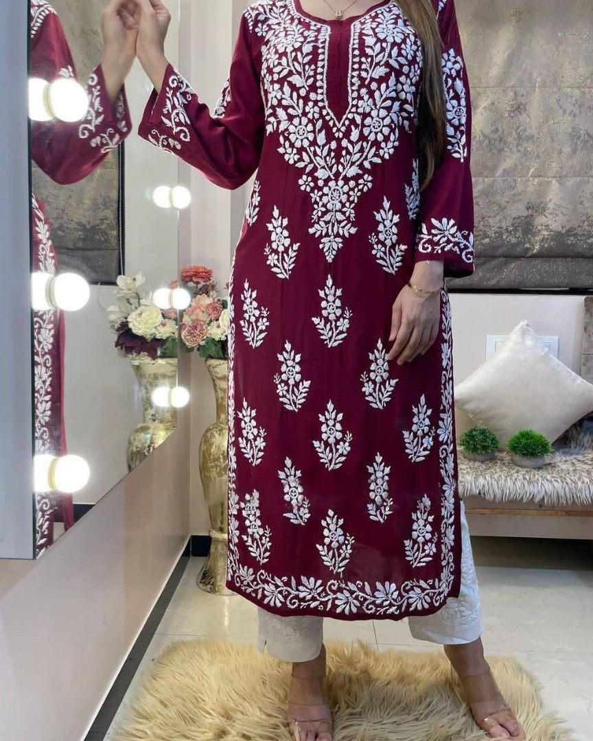 Maroon rayon chikankari work summer kurti