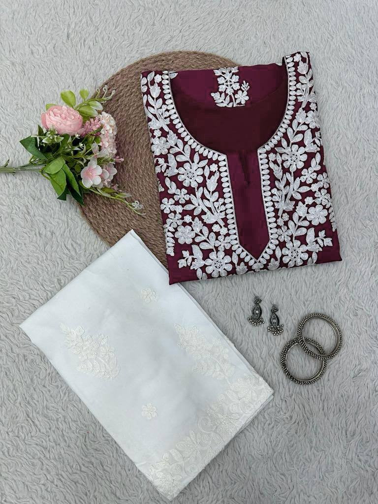 Maroon rayon chikankari work summer kurti