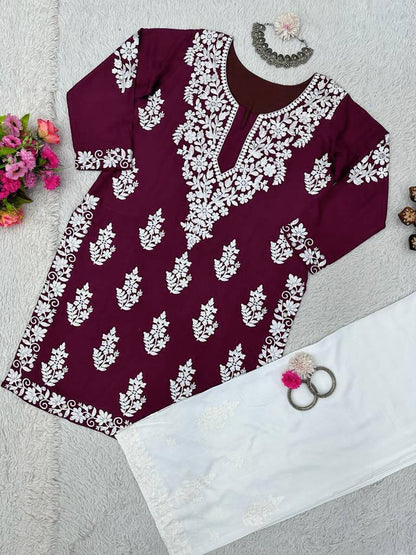 Maroon rayon chikankari work summer kurti