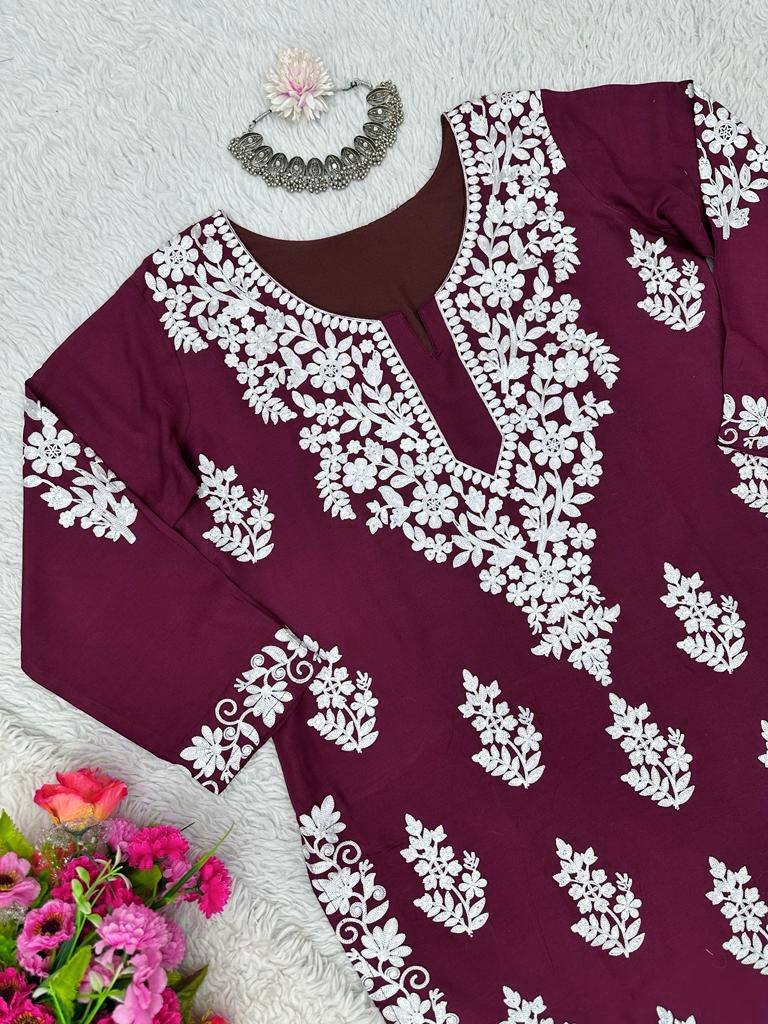 Maroon rayon chikankari work summer kurti