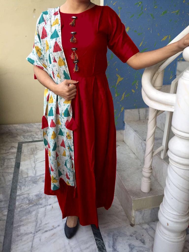 Maroon rayon cotton kurti with printed dupatta