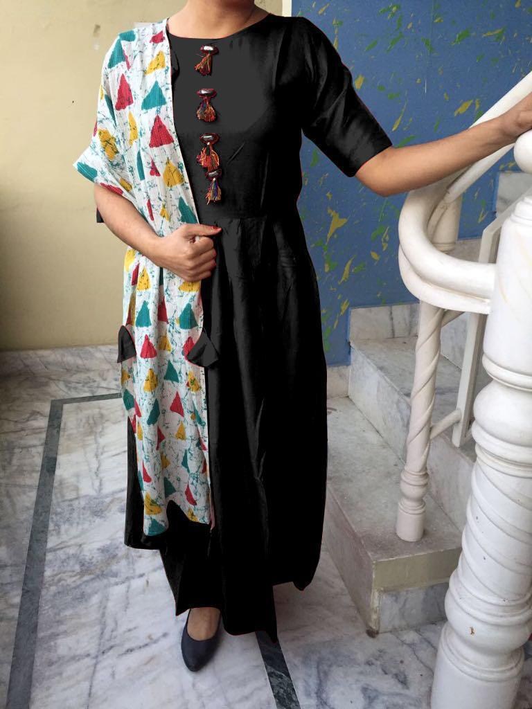 Maroon rayon cotton kurti with printed dupatta