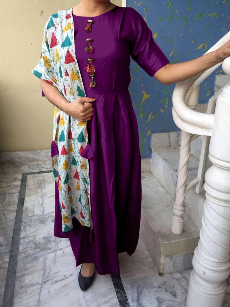 Maroon rayon cotton kurti with printed dupatta