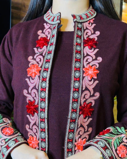 Maroon rayon heavy work designer indowestern suit with shrug