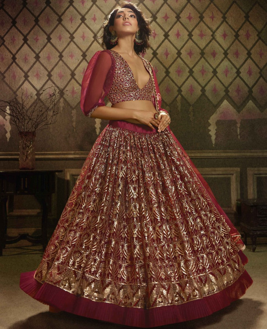 Maroon soft net sequence work bridal lehenga choli