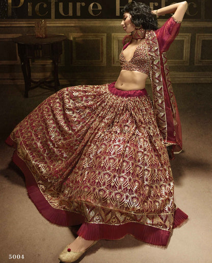 Maroon soft net sequence work bridal lehenga choli