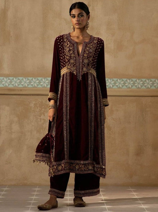 Maroon velvet embroidery worked plazzo suit