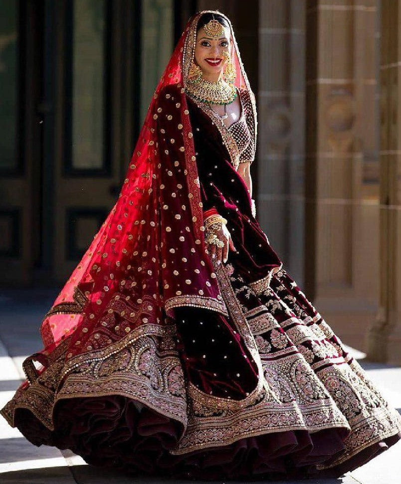 Maroon velvet heavy bridal lehenga choli