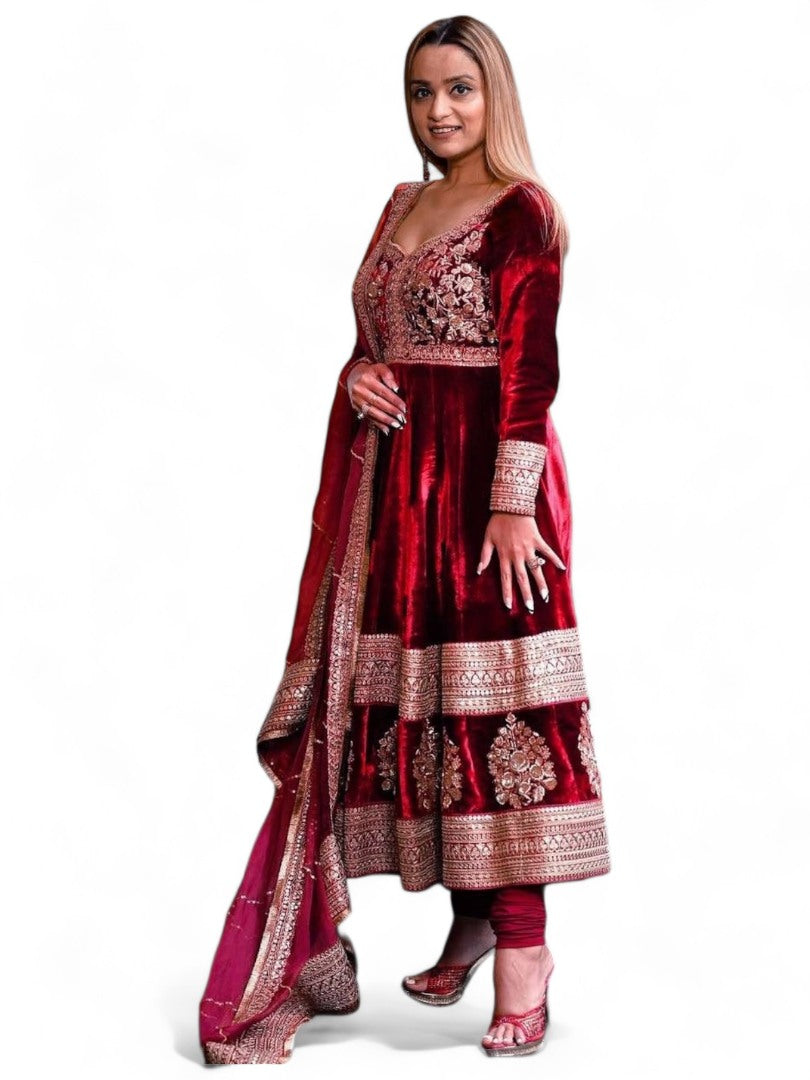 Maroon velvet heavy work wedding anarkali suit