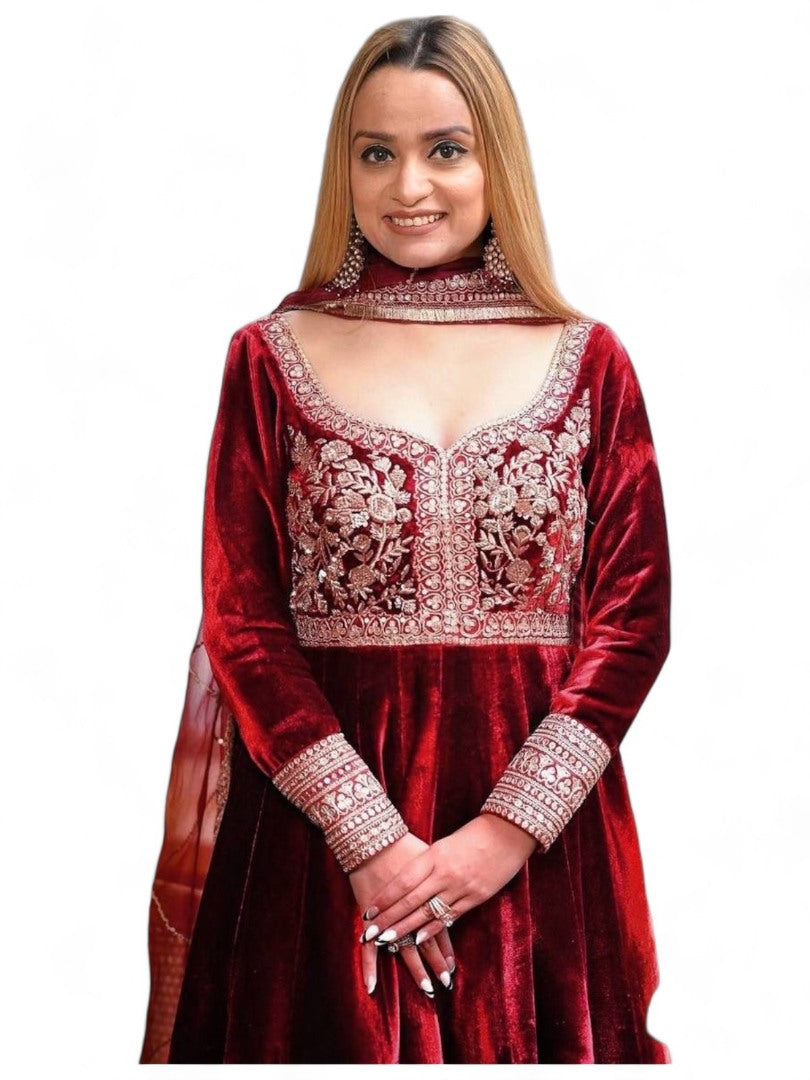 Maroon velvet heavy work wedding anarkali suit