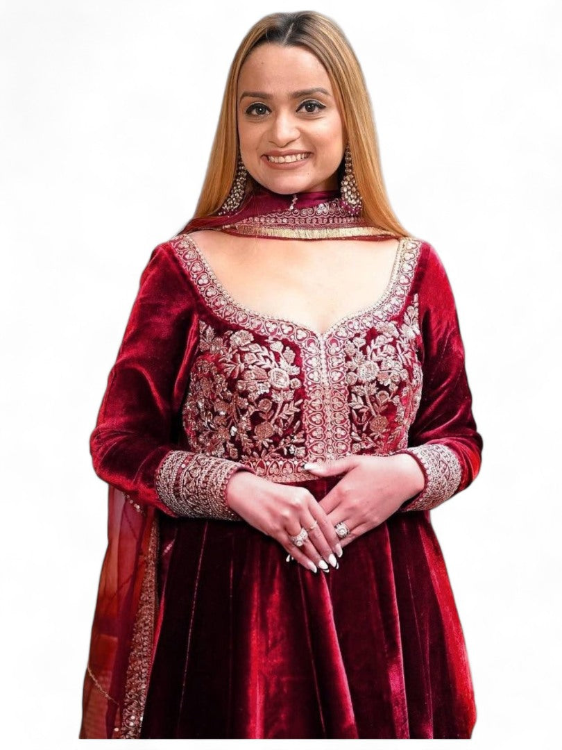 Maroon velvet heavy work wedding anarkali suit