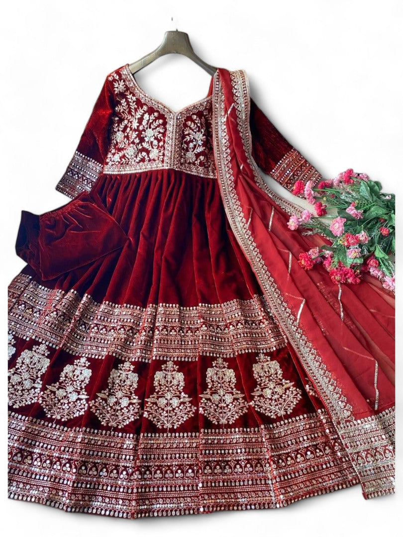 Maroon velvet heavy work wedding anarkali suit