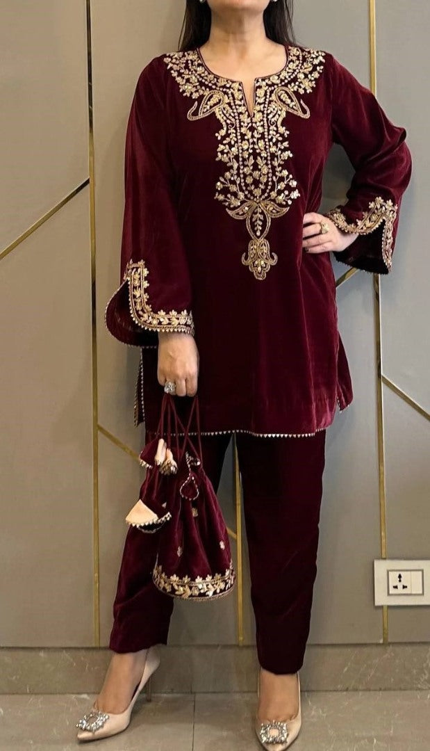 Maroon velvet party wear pant suit